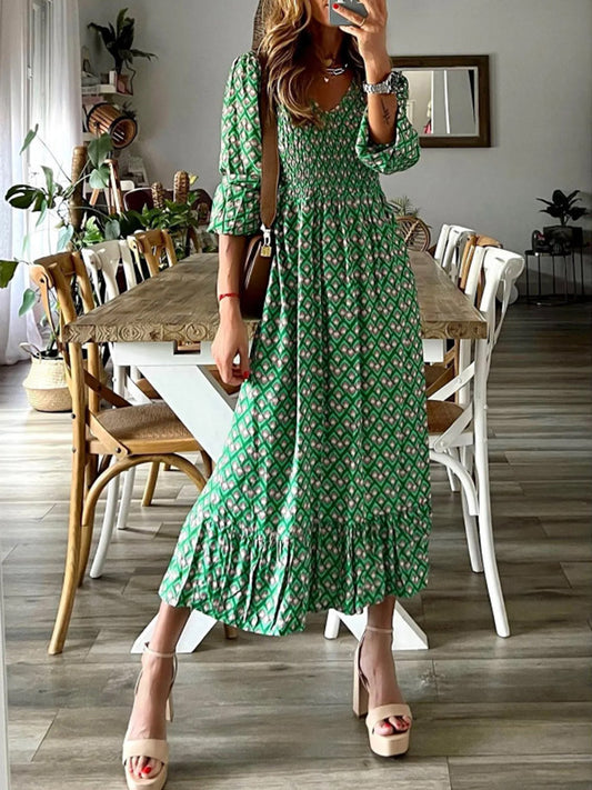Smocked Printed V-Neck Midi Dress Green S 