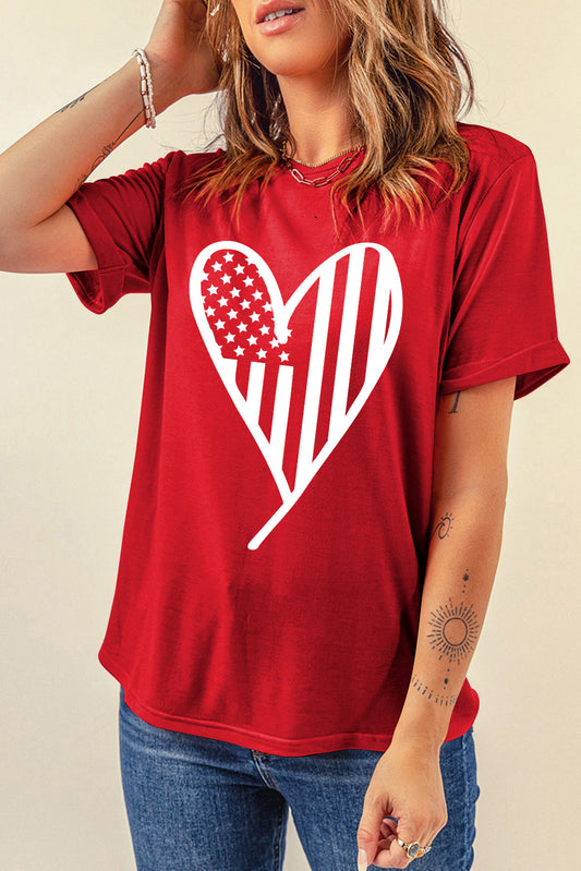 Heart Round Neck Short Sleeve T-Shirt Deep Red S 