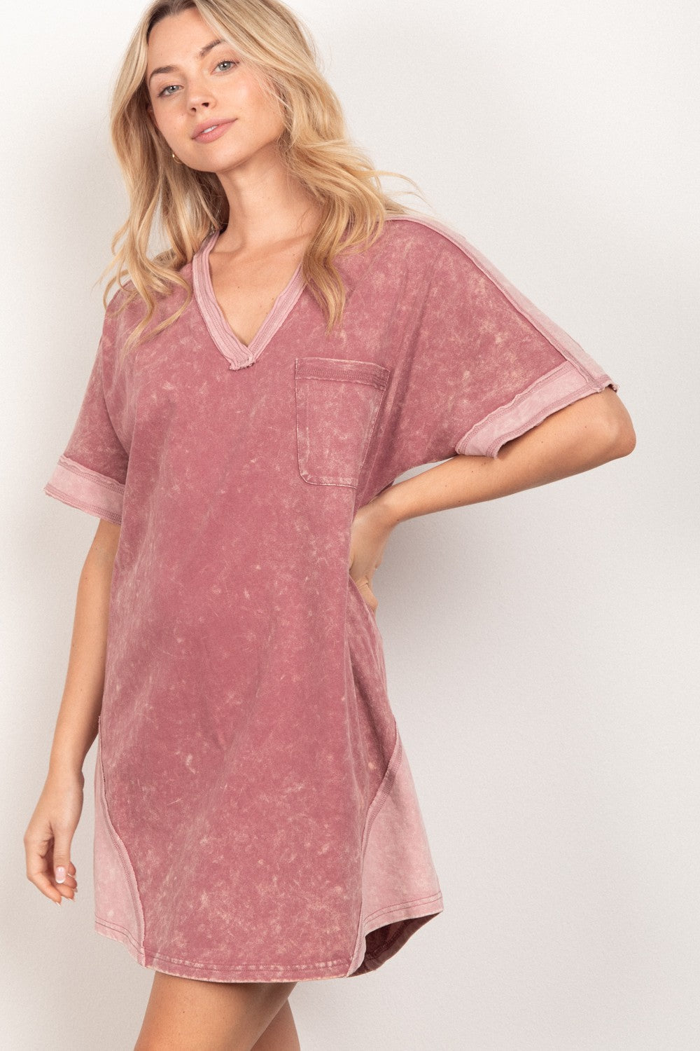 VERY J Short Sleeve V-Neck Tee Dress   