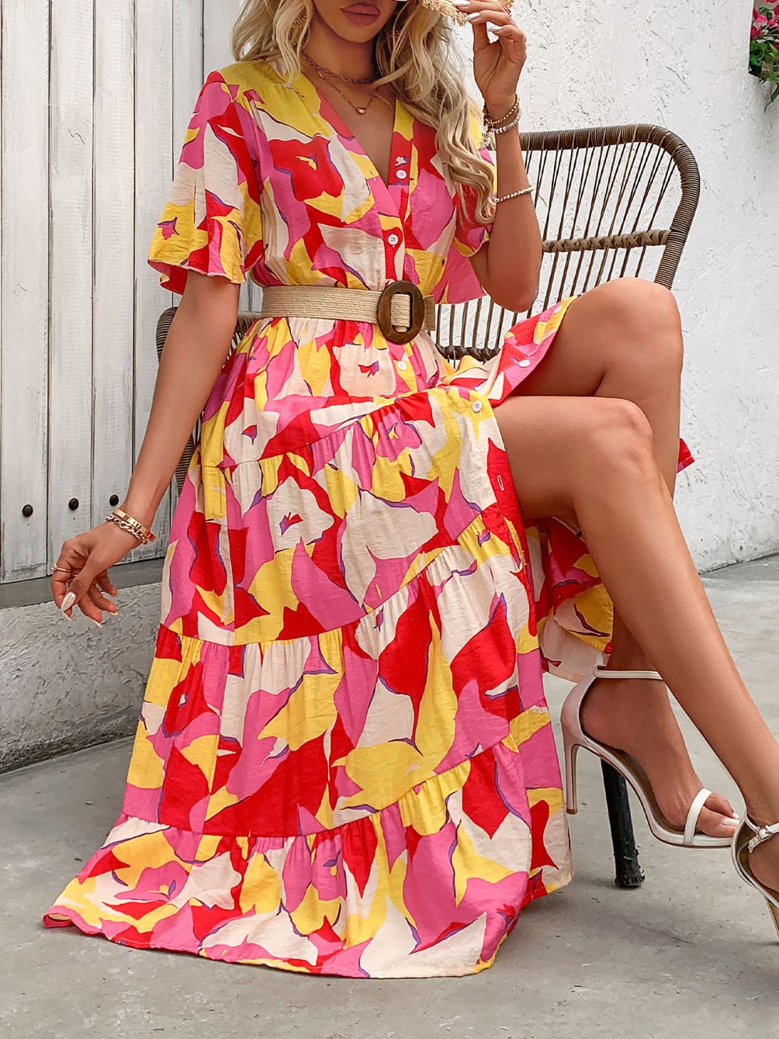 Printed V-Neck Flutter Sleeve Midi Dress   