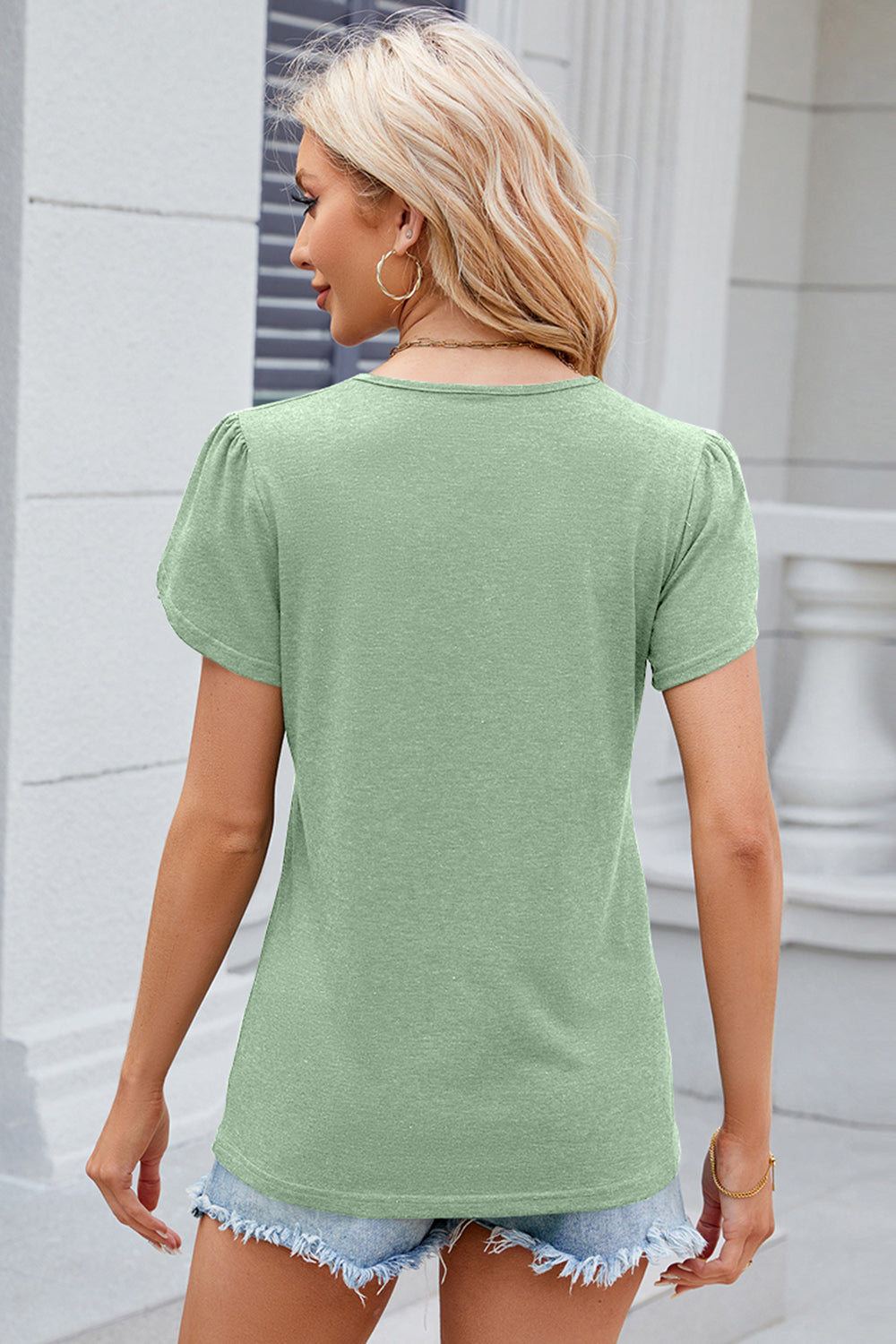 STUNNLY  Decorative Button V-Neck Short Sleeve T-Shirt   