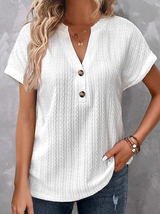 STUNNLY  Textured Notched Short Sleeve Blouse White S 