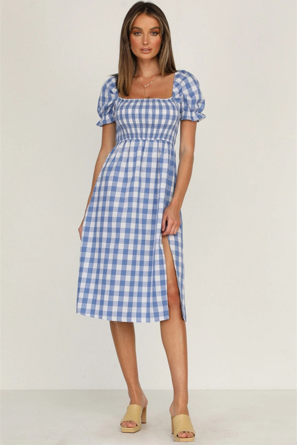 Full Size Slit Plaid Short Sleeve Midi Dress   