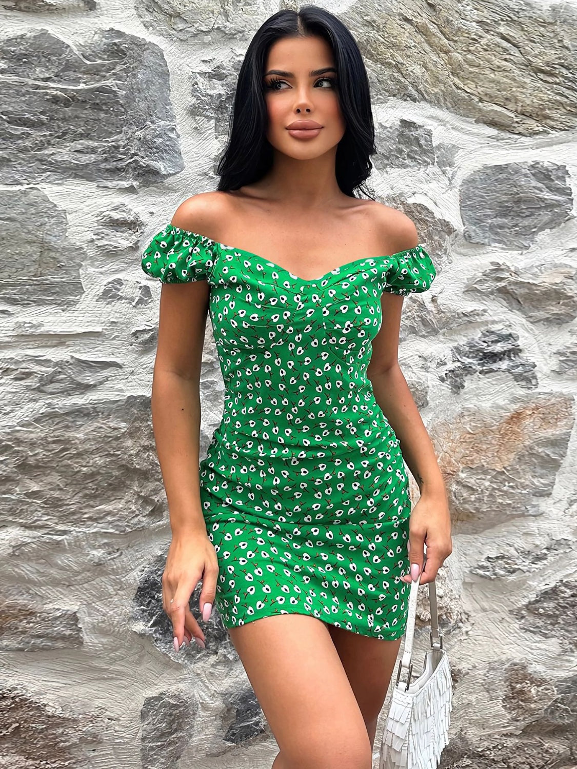 Printed V-Neck Short Sleeve Mini Dress   