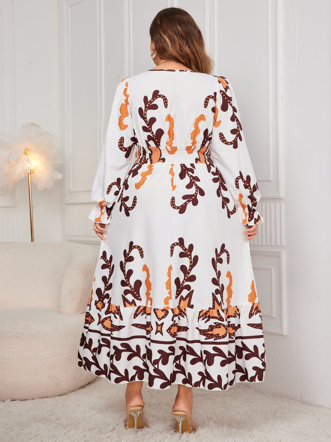 Plus Size Printed Surplice Flounce Sleeve Dress   