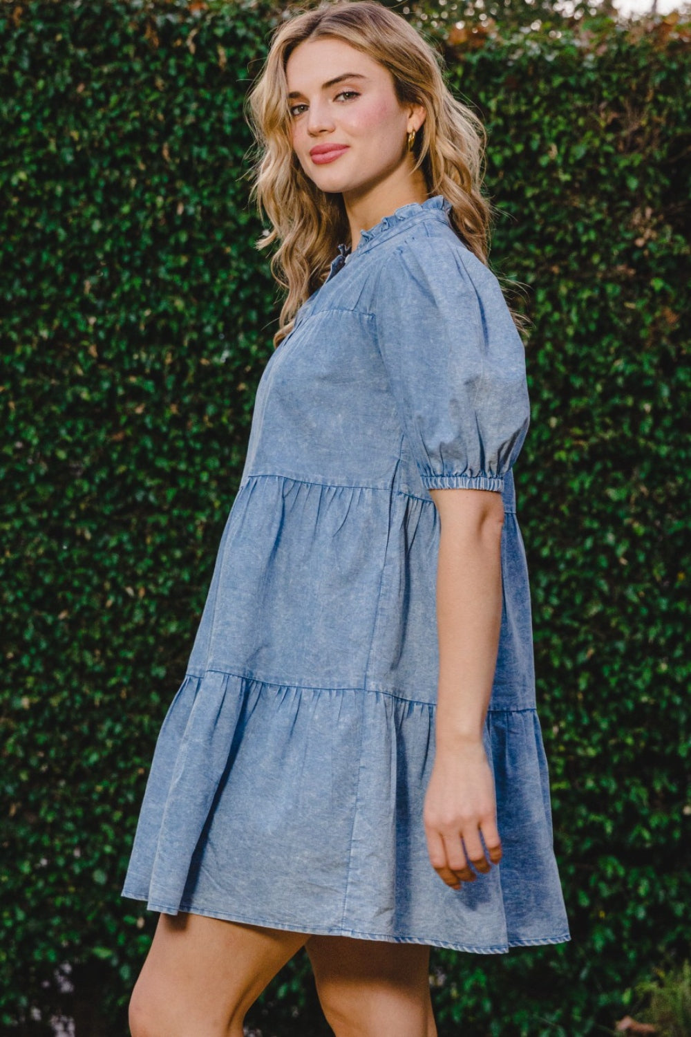 STUNNLY  ODDI Washed Tiered Mini Denim Dress   