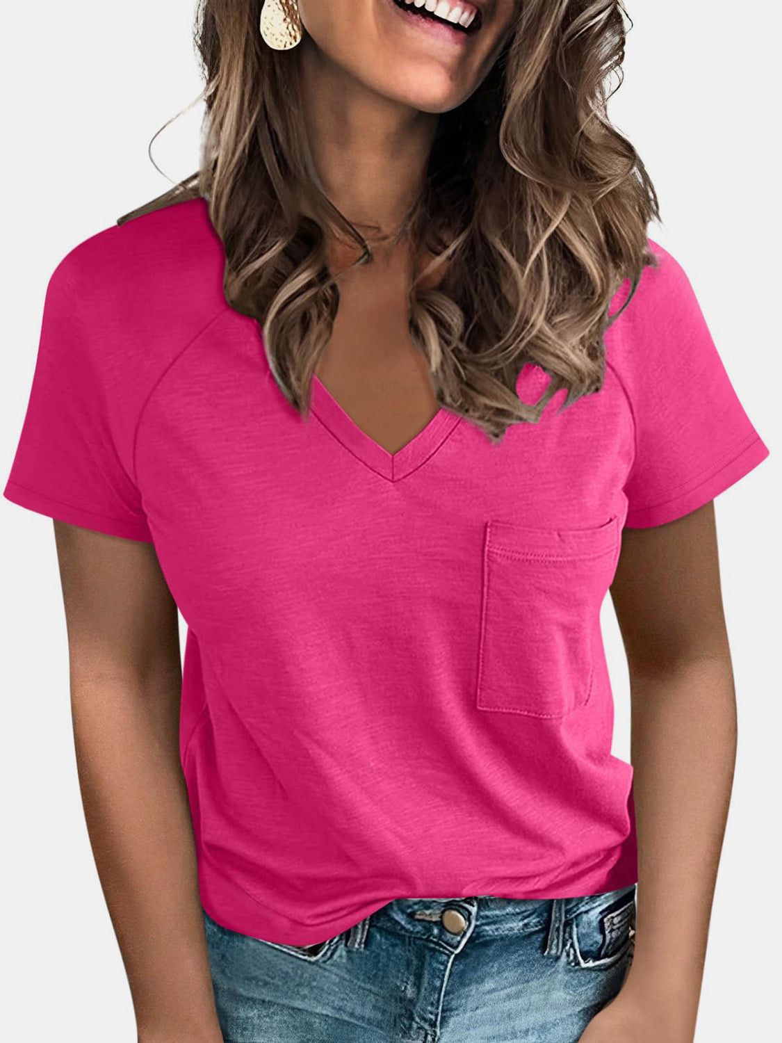 STUNNLY  Pocketed V-Neck Short Sleeve T-Shirt   