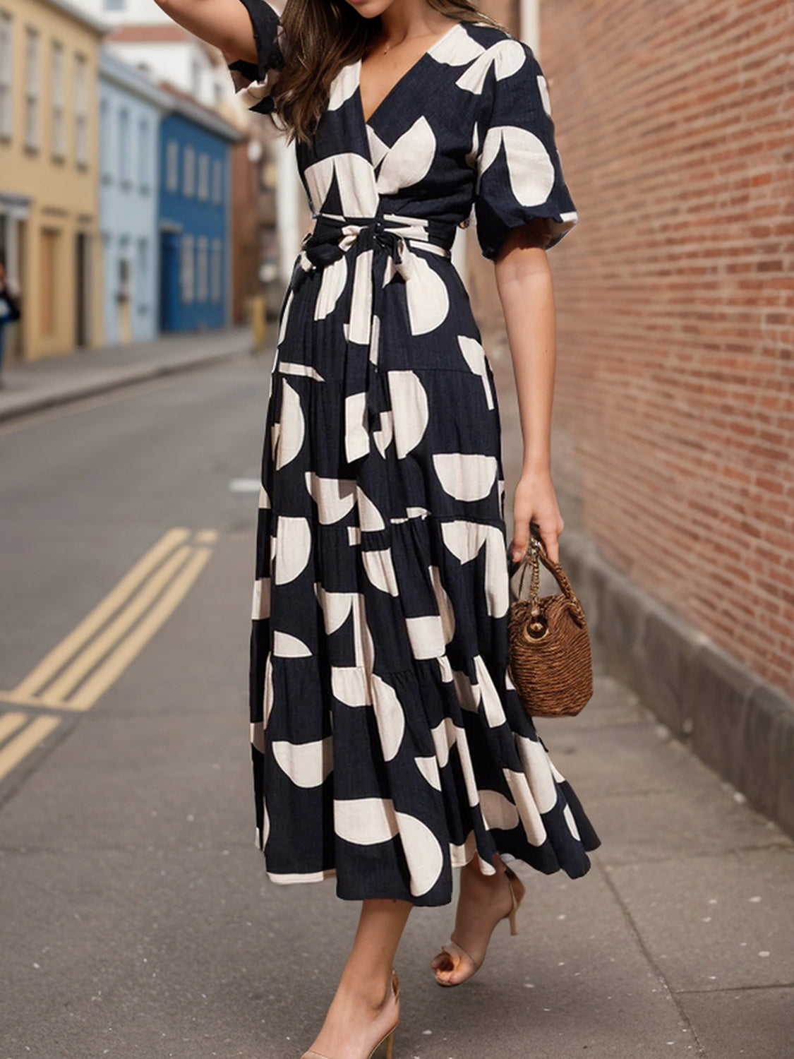 Tied Slit Printed Half Sleeve Midi Dress   