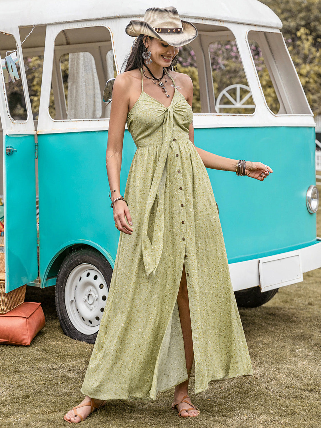 Printed Halter Neck Maxi Dress Sage S 