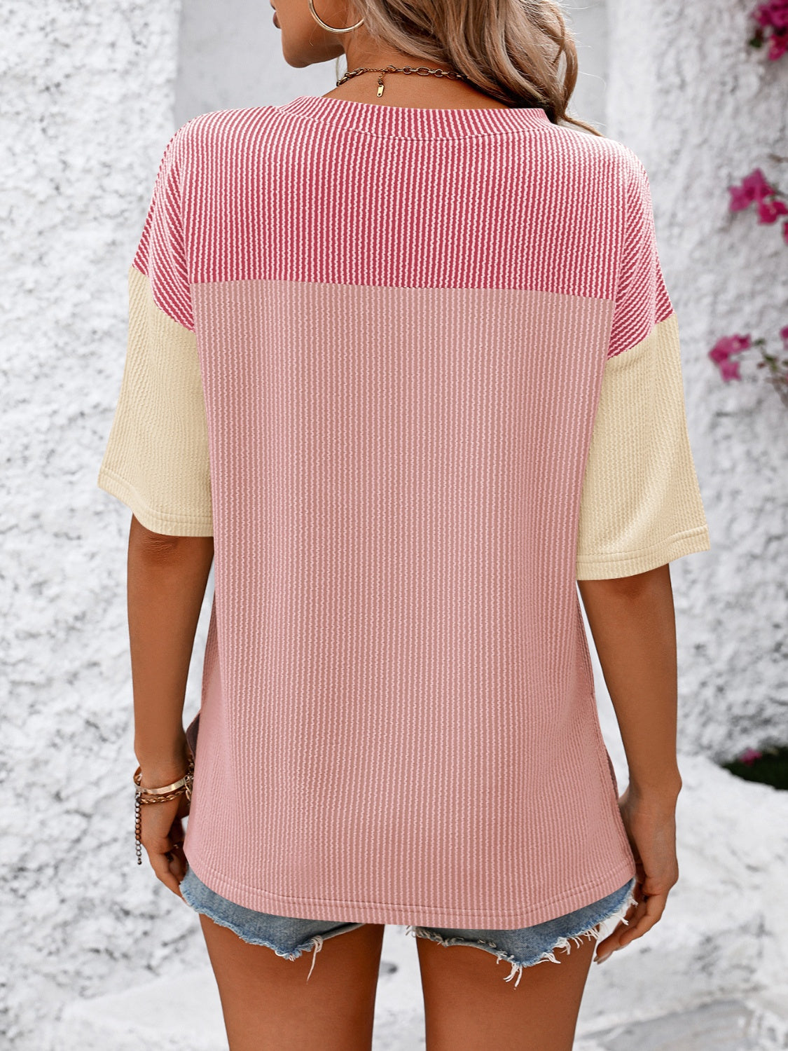 STUNNLY  Color Block Round Neck Half Sleeve T-Shirt   