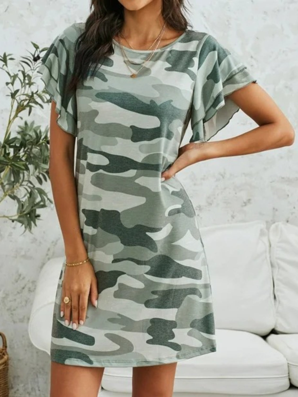 Camouflage Round Neck Short Sleeve Mini Dress   