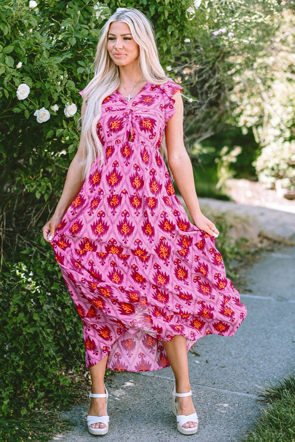 Twisted Printed Cap Sleeve Midi Dress Fuchsia Pink S 