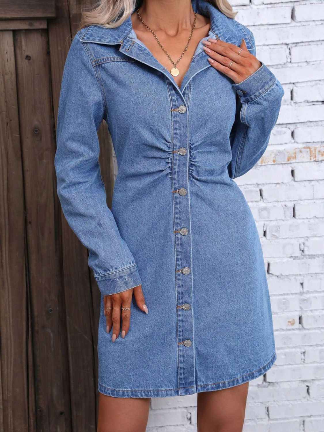 Ruched Button Up Long Sleeve Denim Dress   