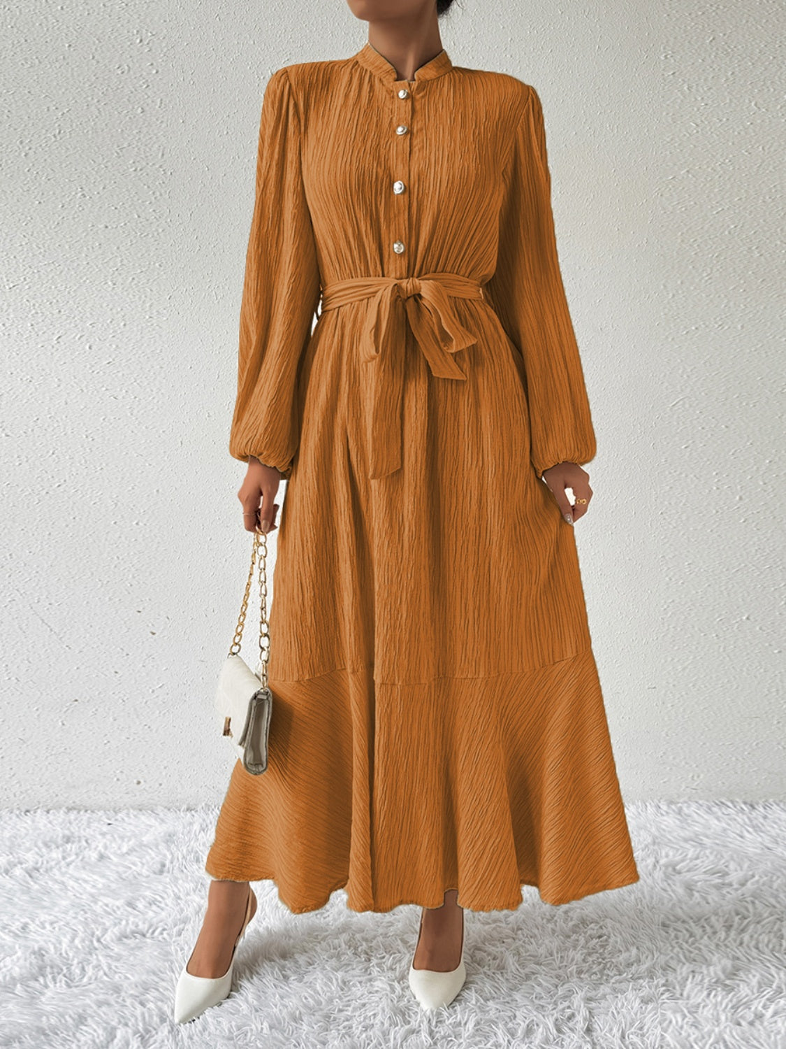 Tie Waist Long Sleeve Dress Ochre S 