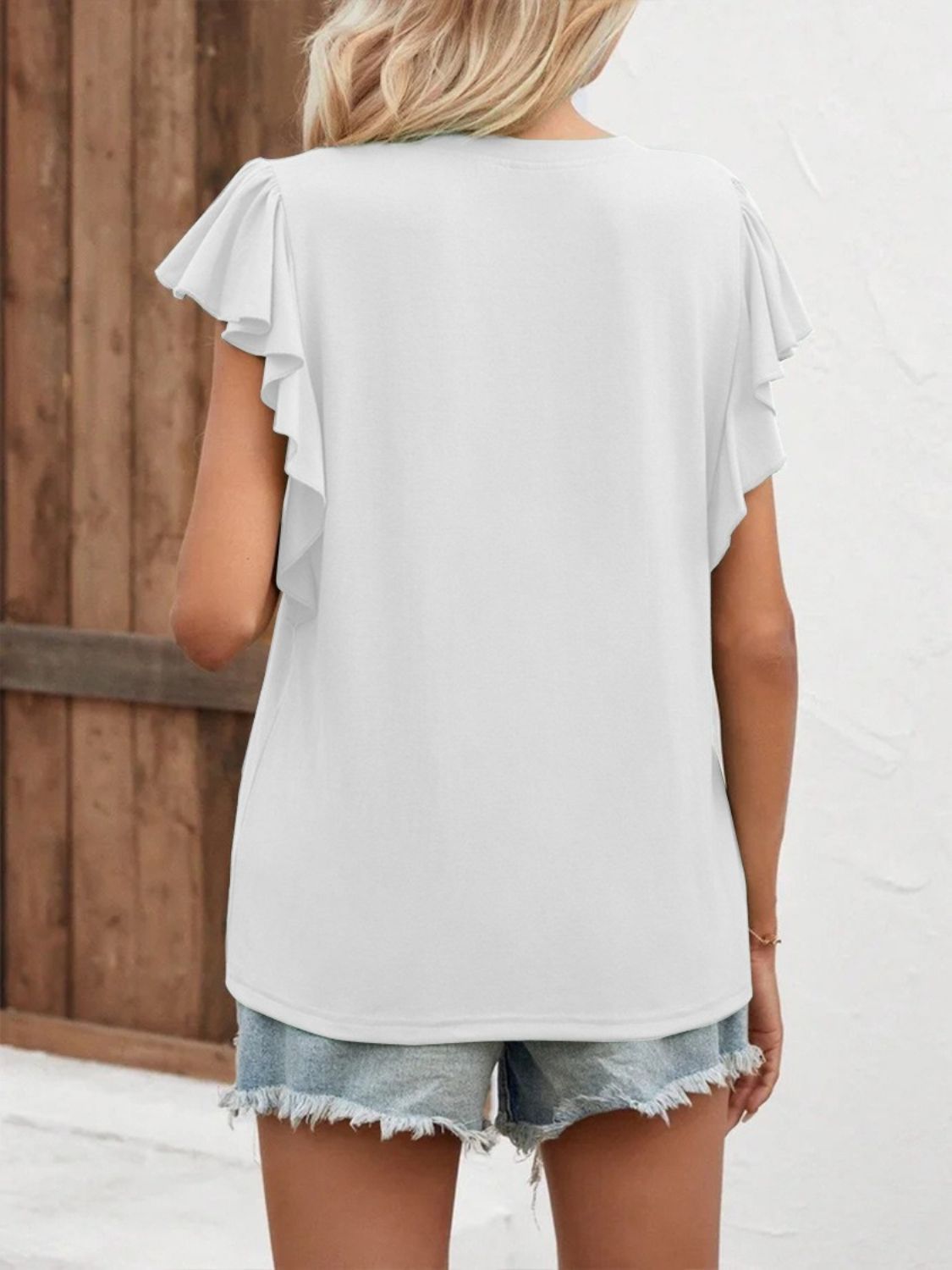 STUNNLY  Full Size Ruffled Notched Cap Sleeve T-Shirt   