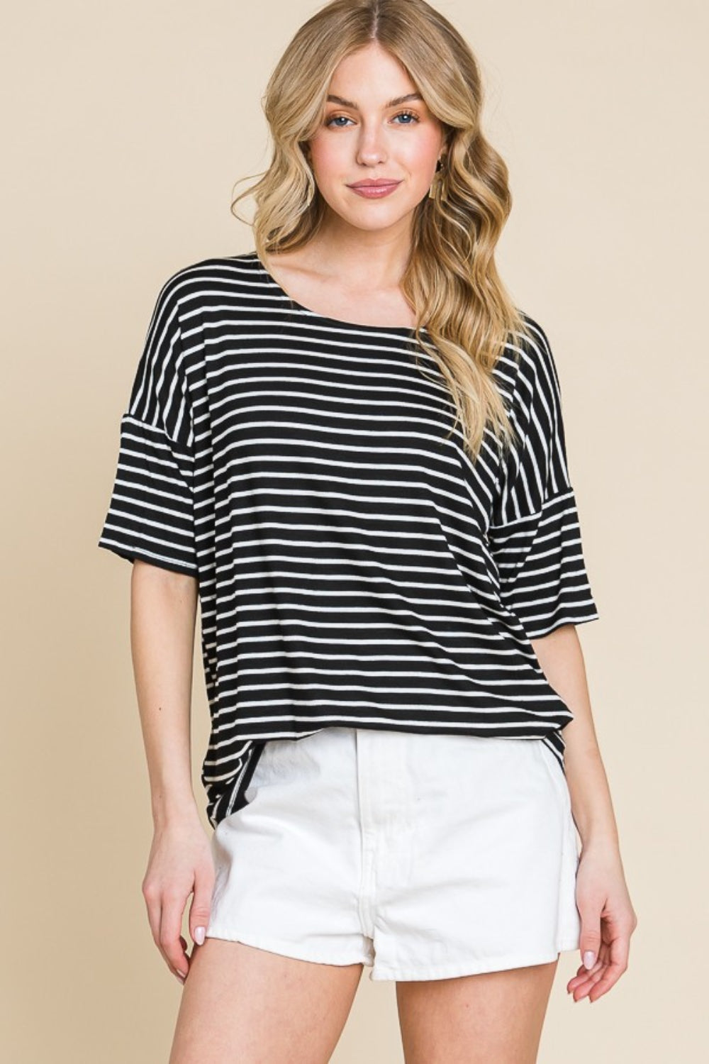 BOMBOM Striped Round Neck T-Shirt   