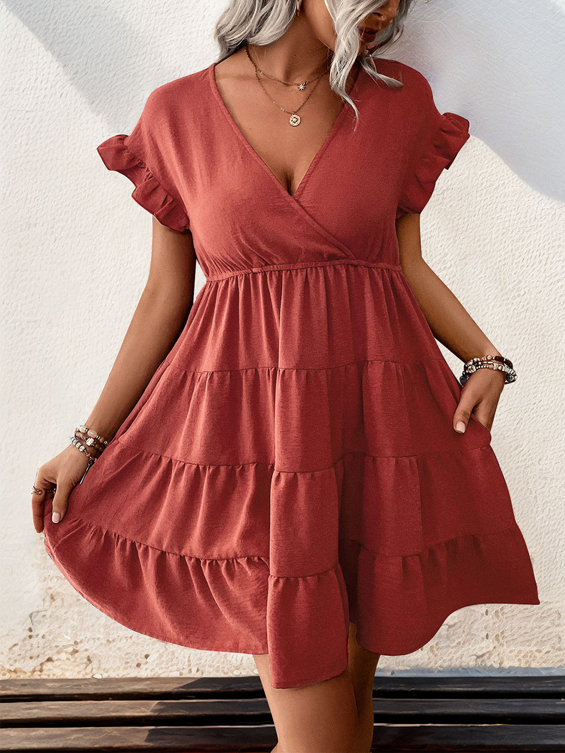 Tiered Surplice Flounce Sleeve Mini Dress Rust S 