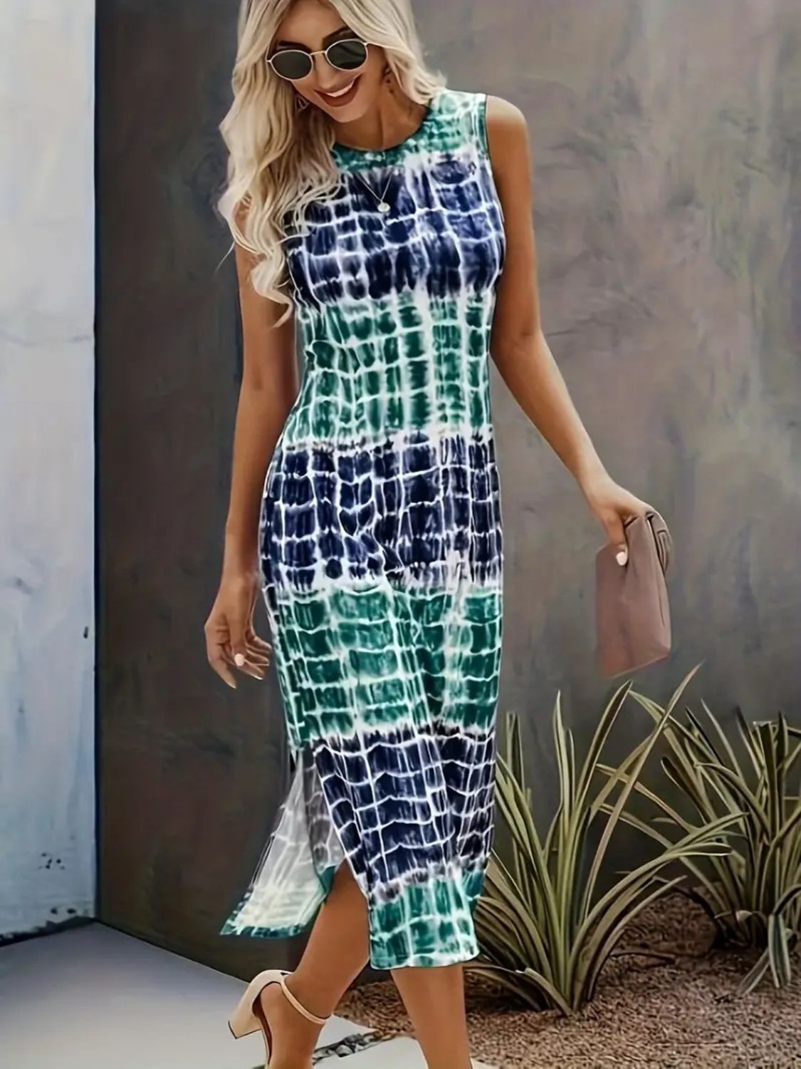 Slit Printed Round Neck Sleeveless Dress   