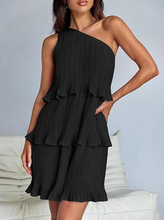 Layered Single Shoulder Mini Dress Black S 