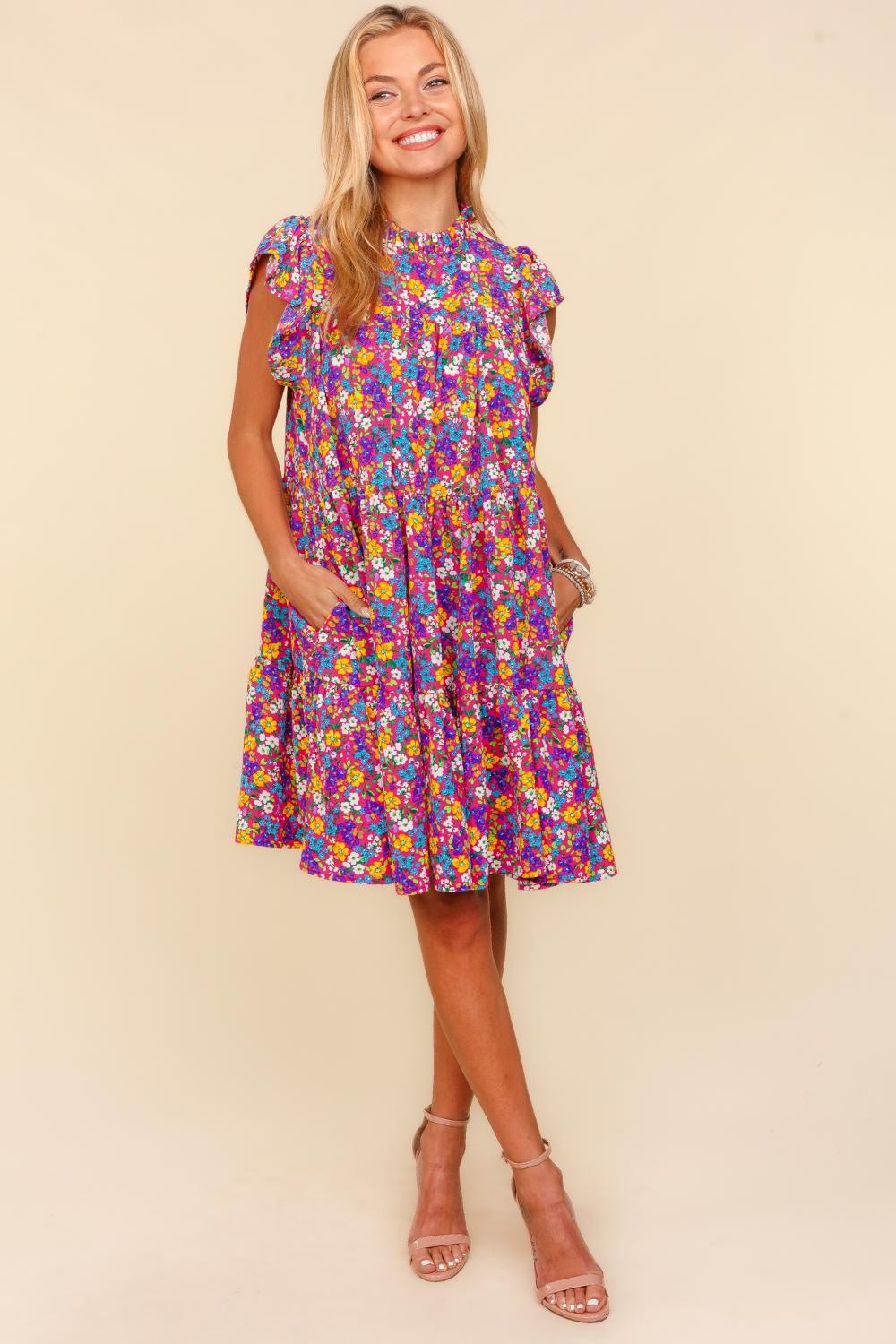 Haptics Frilled Mock Neck Ditsy Floral Dress   