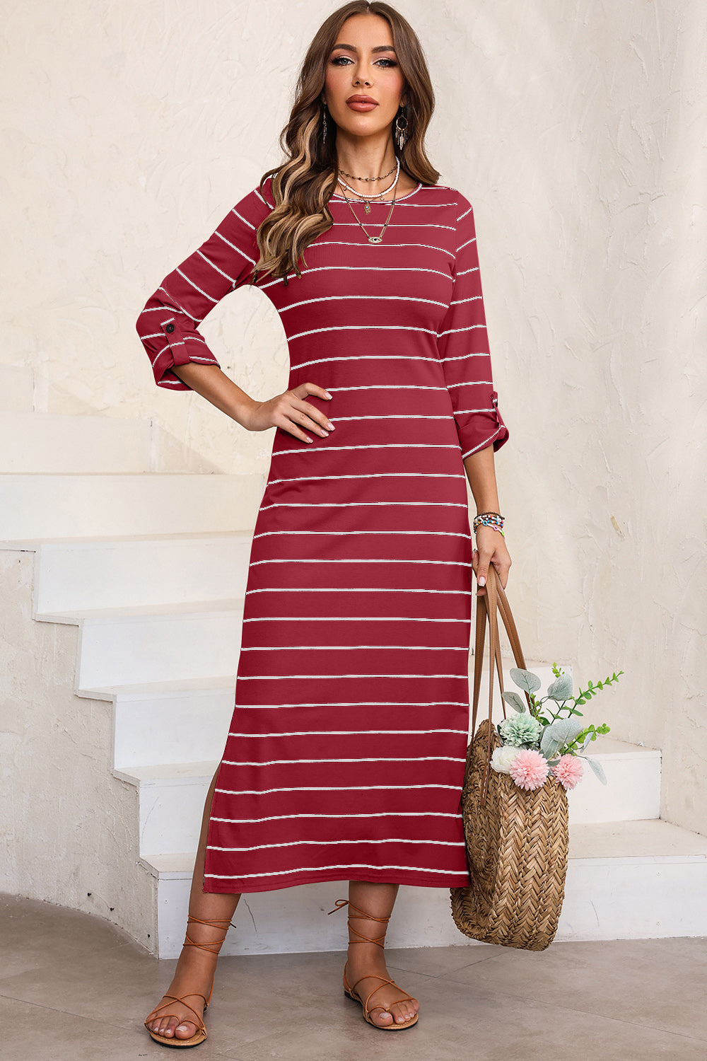 Slit Striped Round Neck Midi Dress   