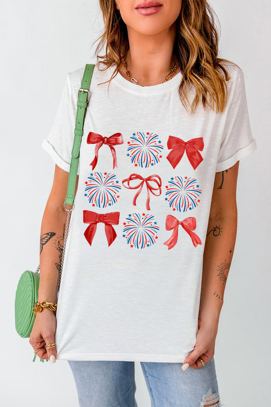 Bow Graphic Round Neck Short Sleeve T-Shirt White S 