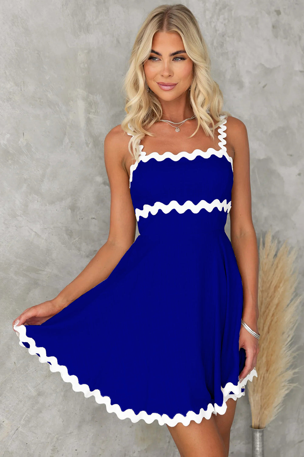 Contrast Trim Square Neck Mini Dress Royal  Blue S 