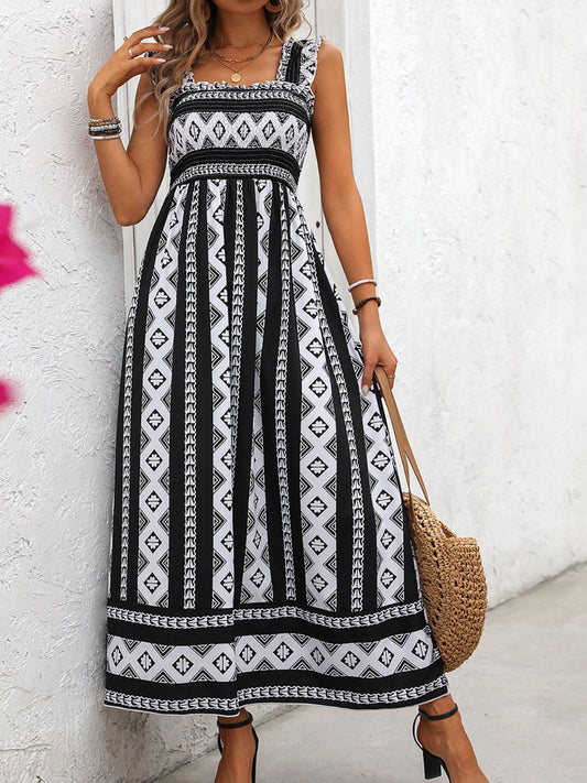 Printed Square Neck Wide Strap Cami Dress Black S 