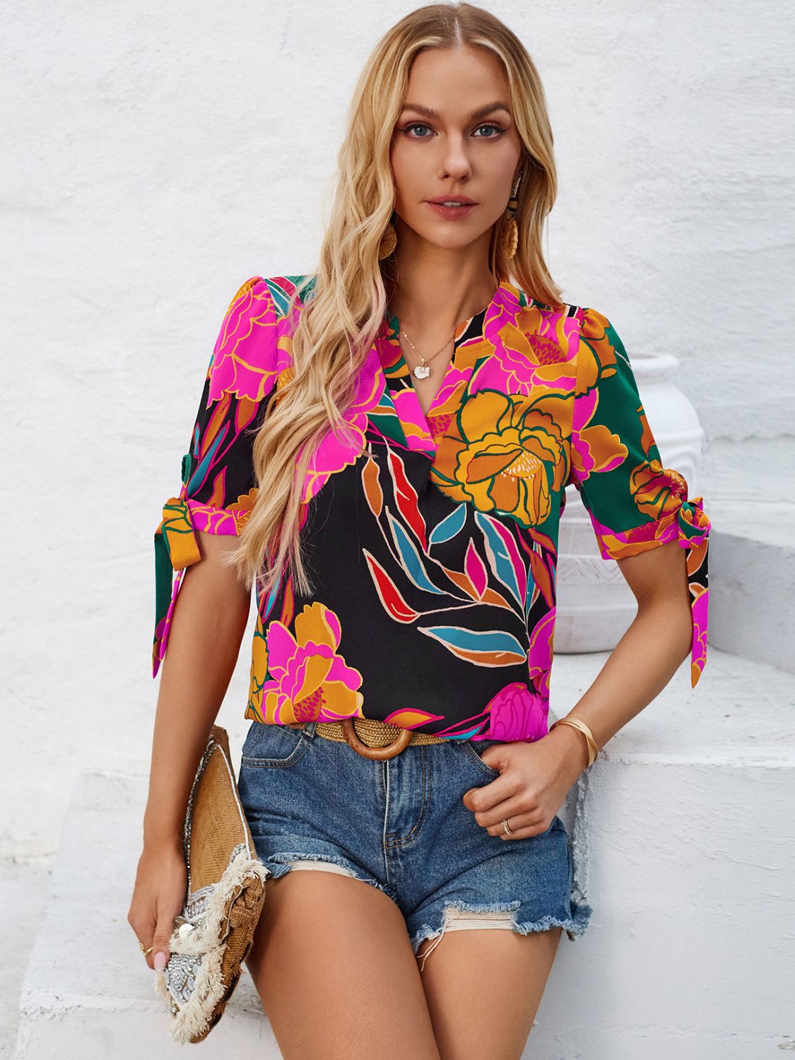 Tied Printed Notched Short Sleeve Blouse   