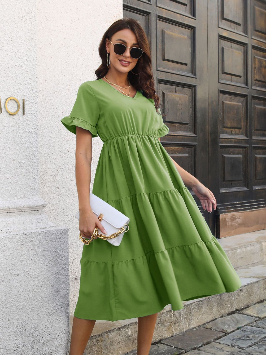 V-Neck Short Sleeve Midi Dress Matcha Green S 