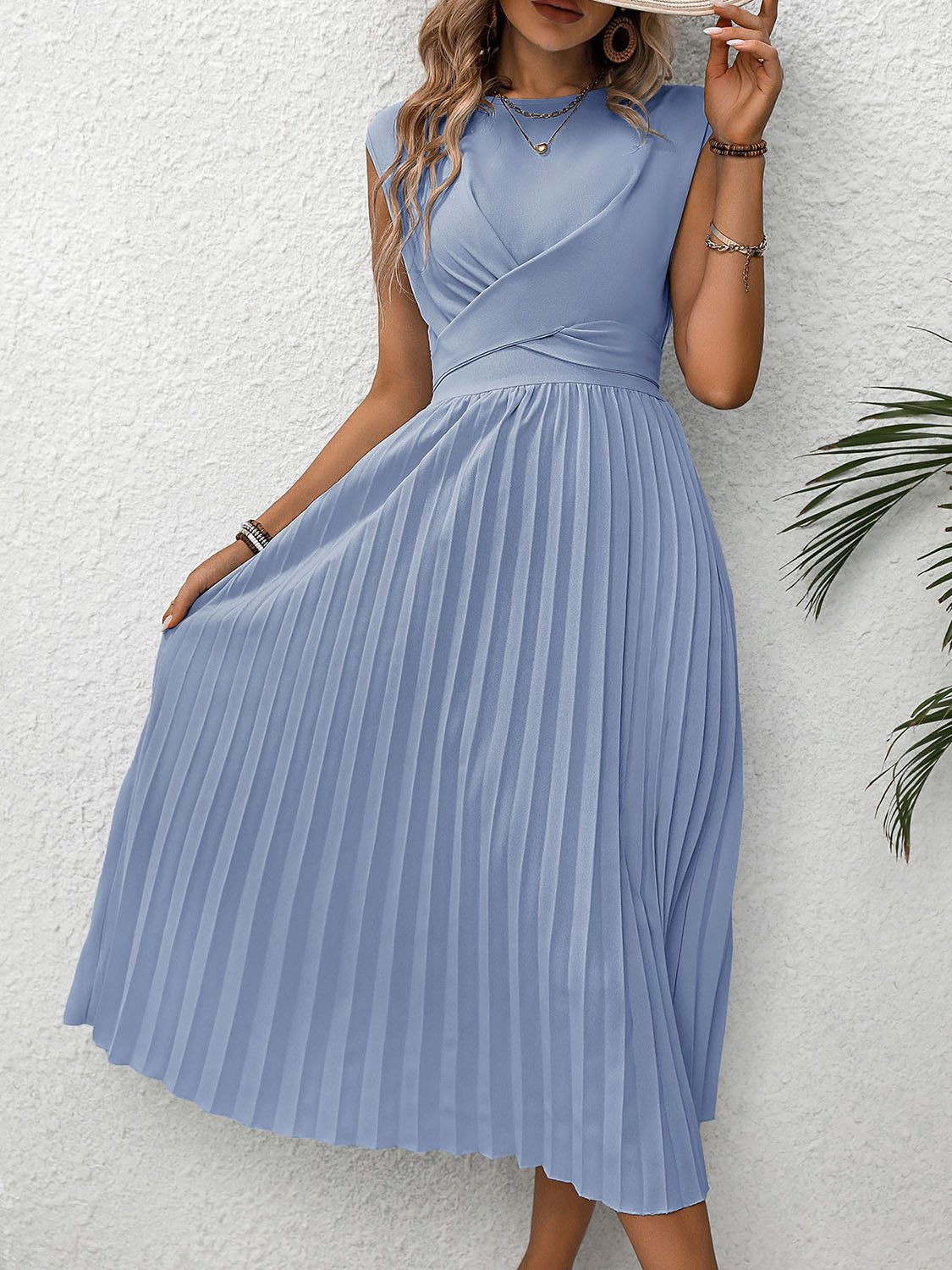 Pleated Round Neck Cap Sleeve Dress   