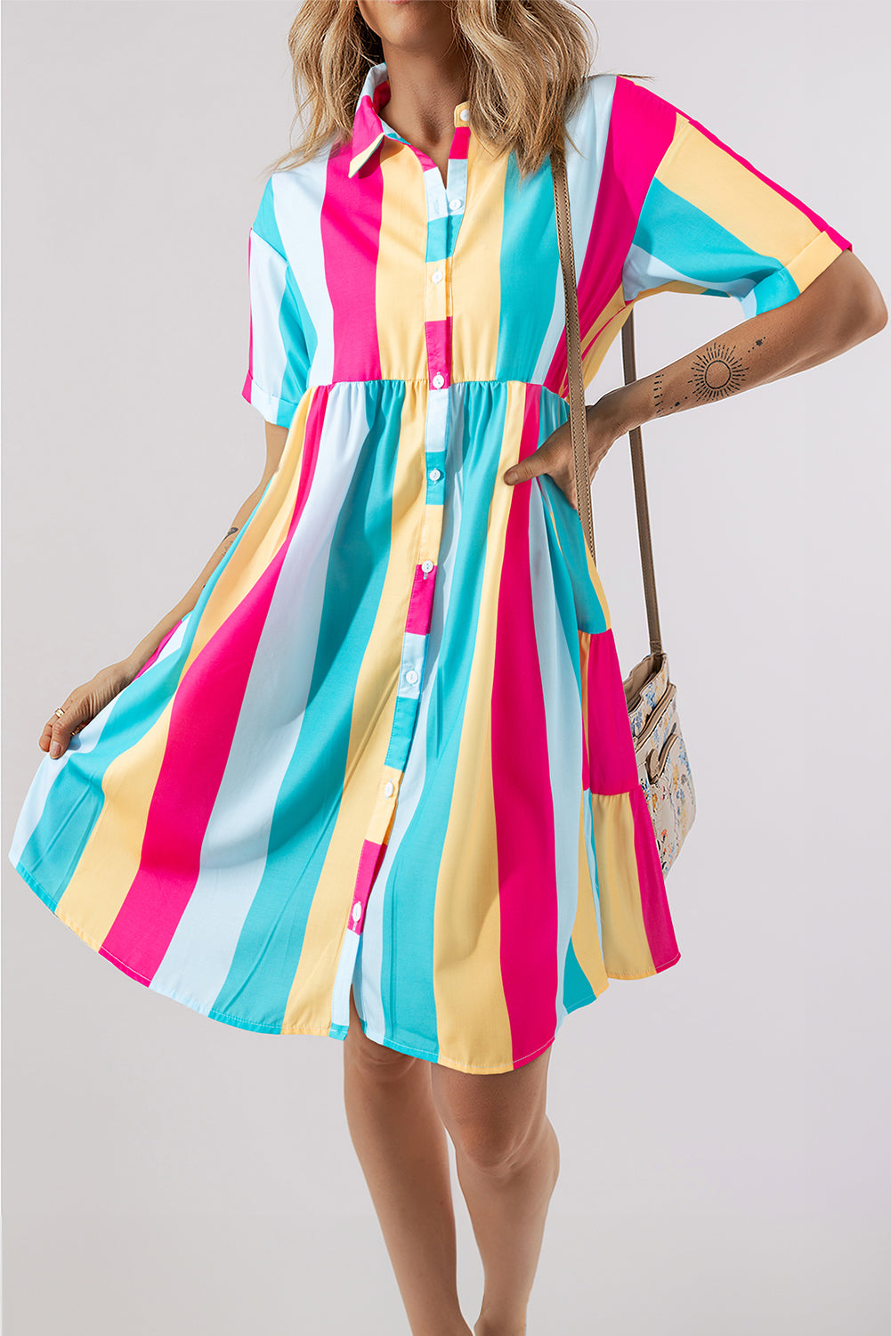 Color Block Half Sleeve Mini Dress Hot Pink S 