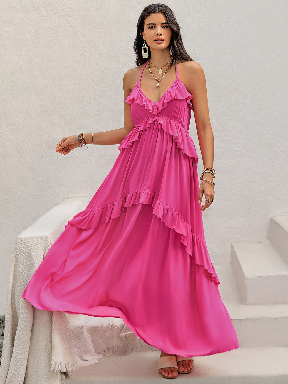 Ruffled Halter Neck Sleeveless Maxi Dress Hot Pink S 