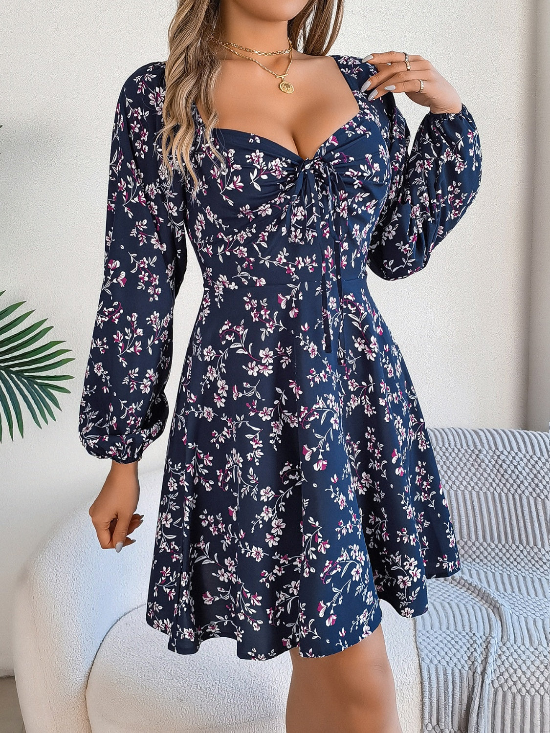 Printed Sweetheart Neck Balloon Sleeve Mini Dress Navy S 