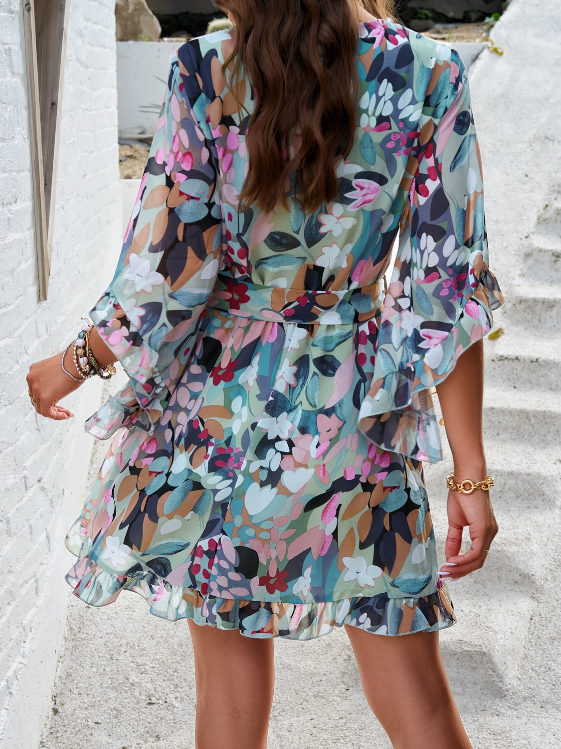 Ruffled Printed Surplice Half Sleeve Mini Dress   