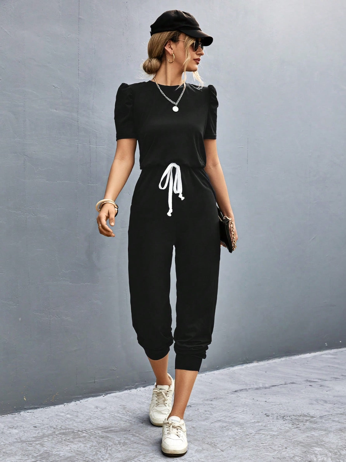 STUNNLY  Round Neck Short Sleeve Jumpsuit Black S 