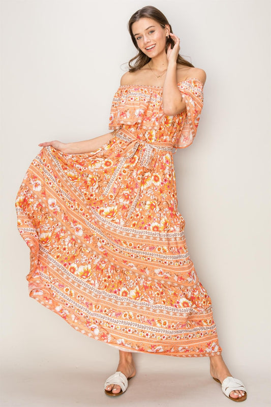 HYFVE Floral Off-Shoulder Tie Front Maxi Dress Apricot S 
