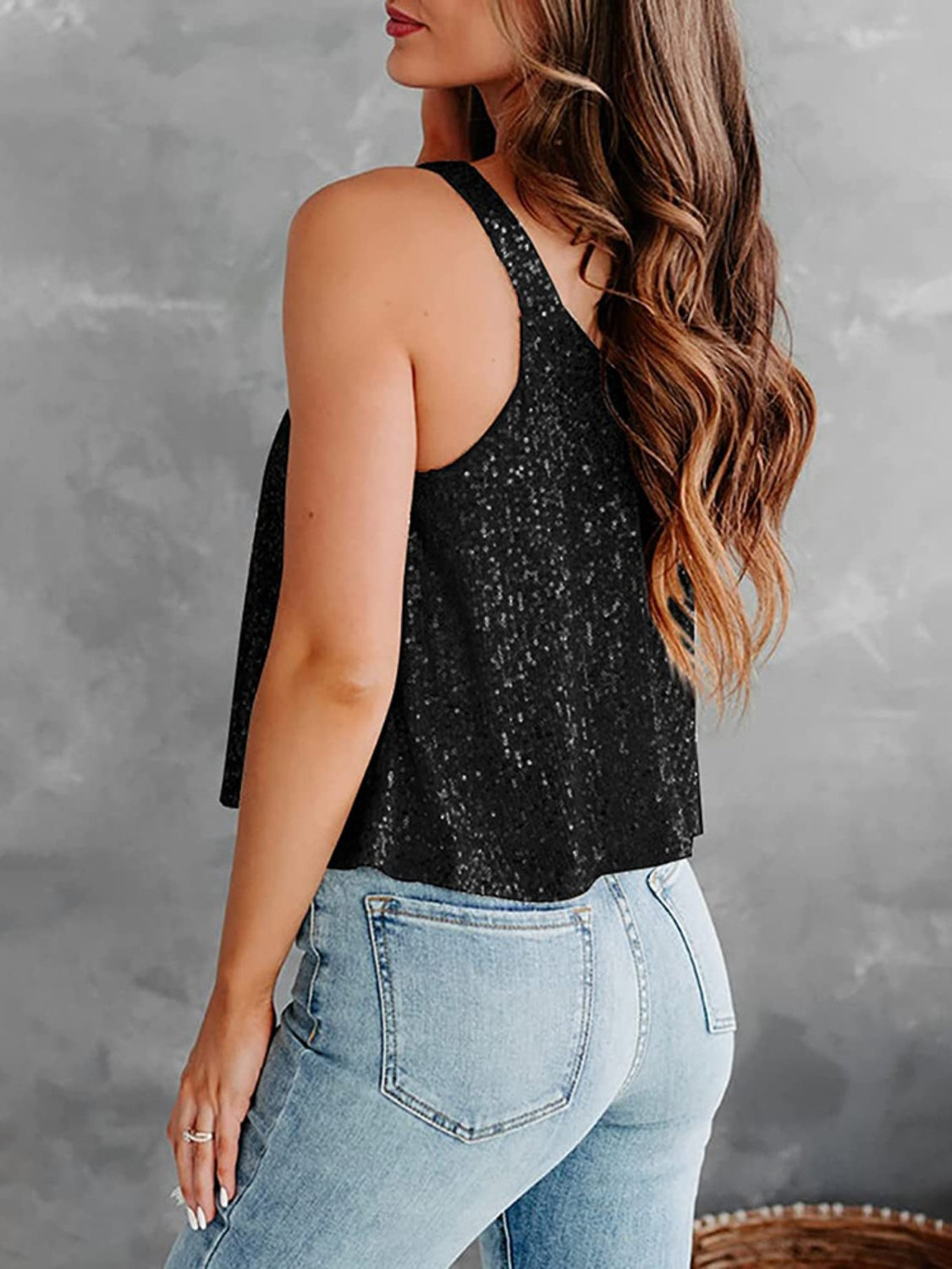 STUNNLY  Sequin Scoop Neck Tank Black S 