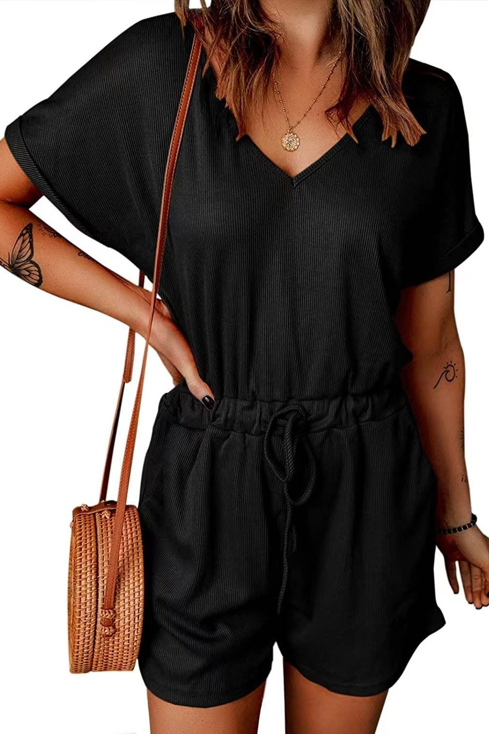 Full Size Drawstring V-Neck Short Sleeve Romper   