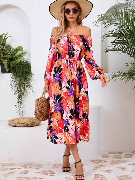 Printed Long Sleeve Midi Dress Orange-Red S 