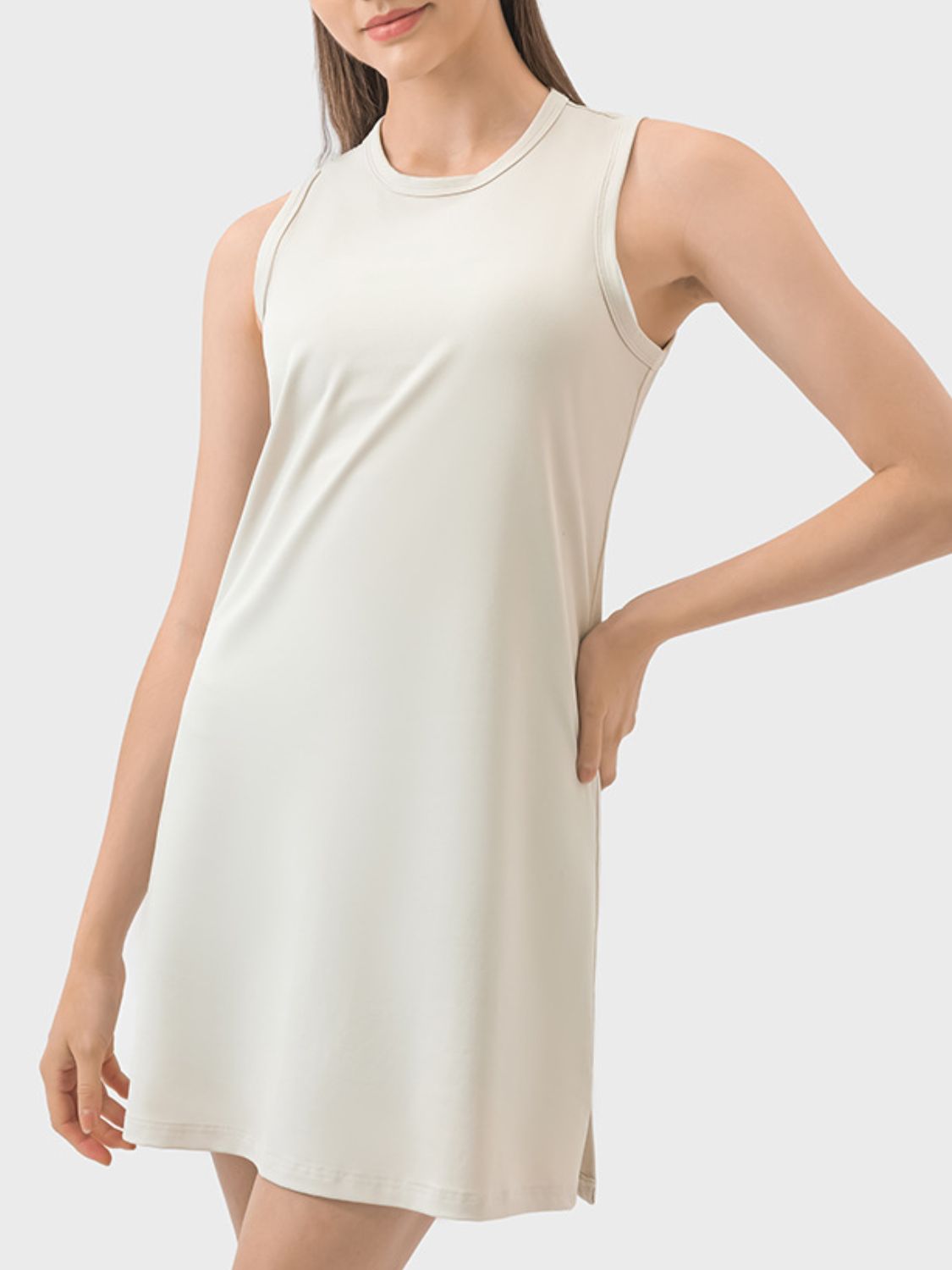 Round Neck Sleeveless Active Dress Beige 4 