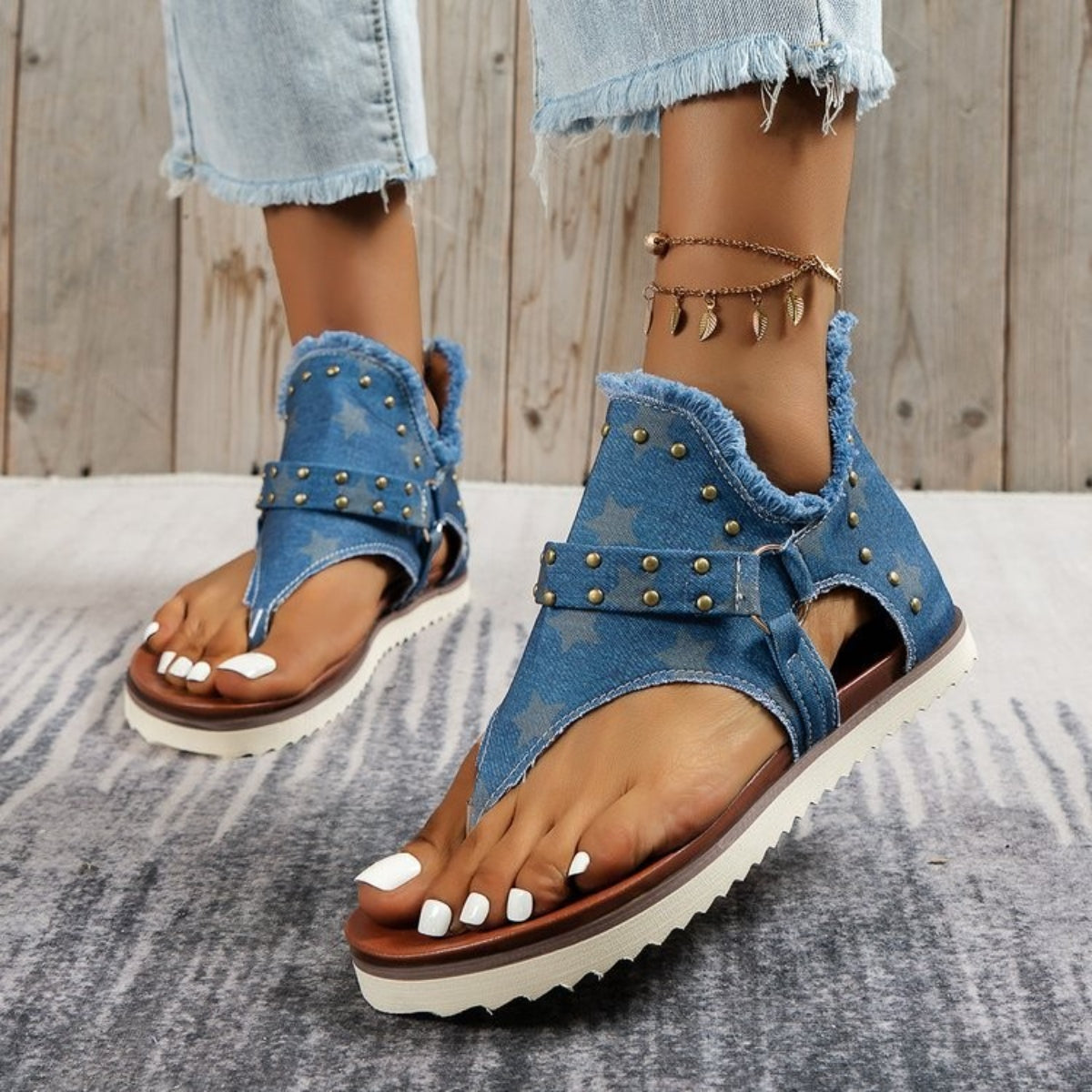 STUNNLY  Studded Raw Hem Flat Sandals Medium 36(US5) 