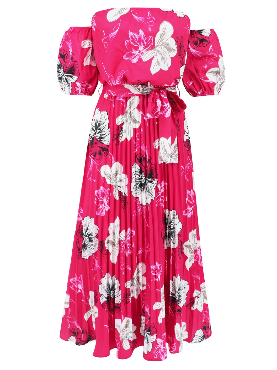 Pleated Floral Off-Shoulder Short Sleeve Midi Dress   