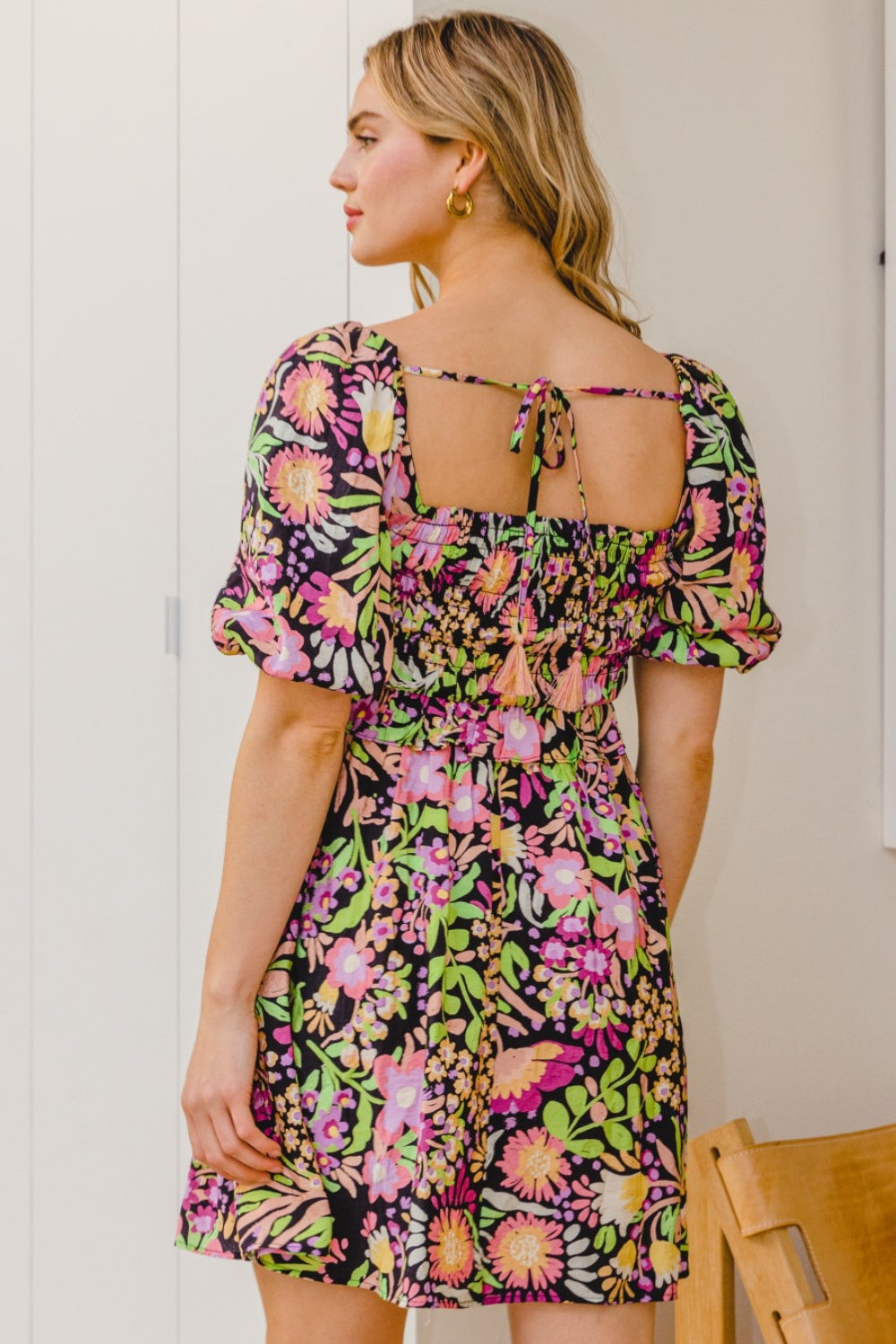 ODDI Full Size Floral Tie-Back Mini Dress   