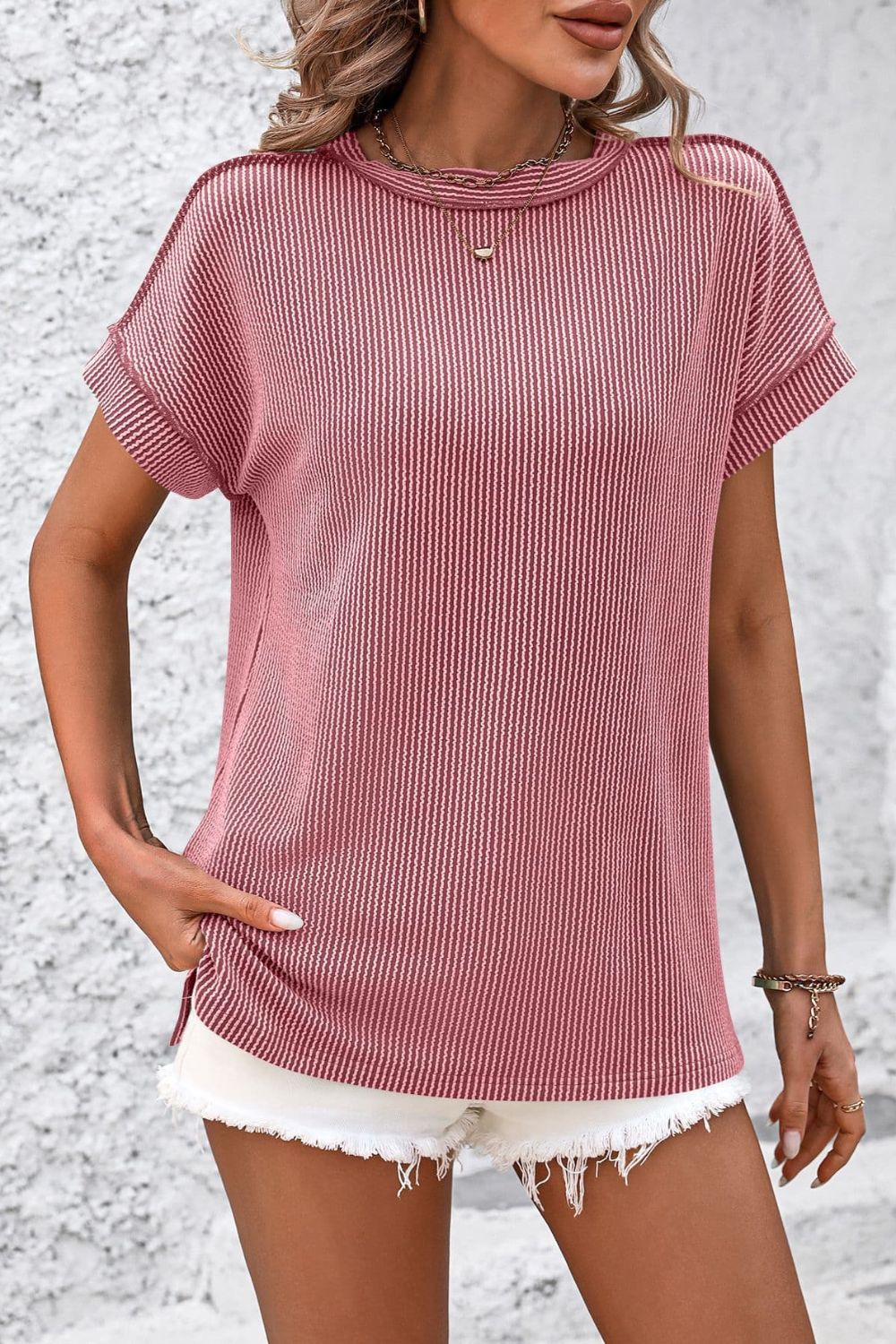 STUNNLY  Striped Round Neck Short Sleeve T-Shirt   