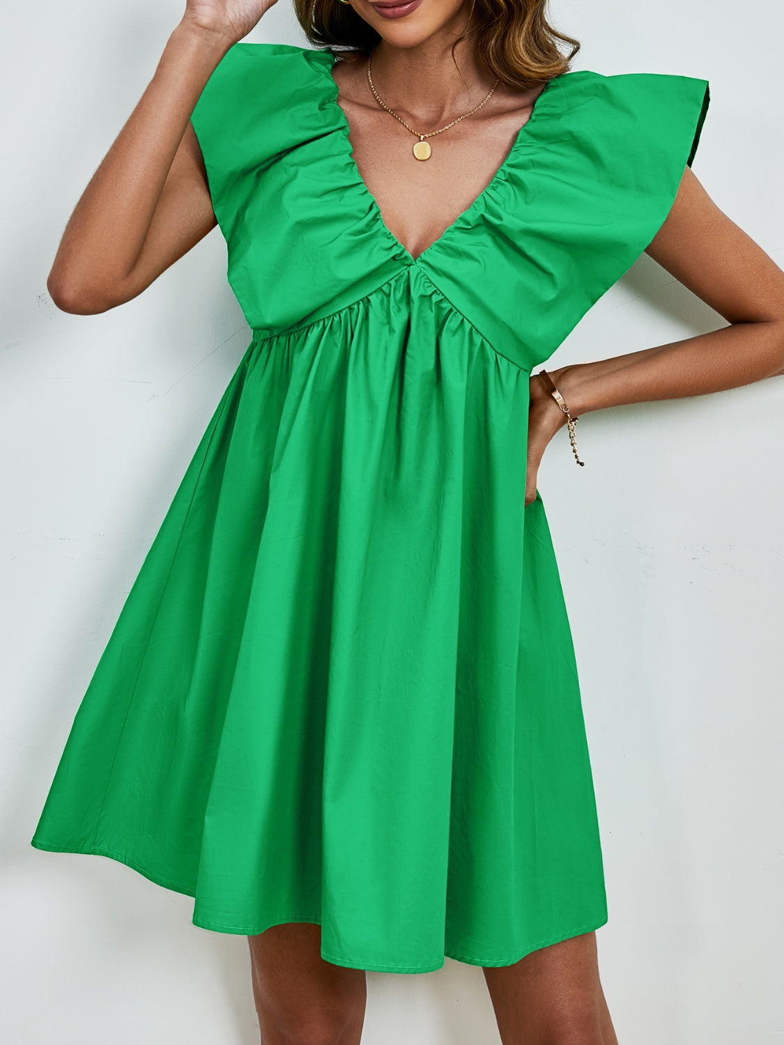 V-Neck Cap Sleeve Mini Dress Green S 