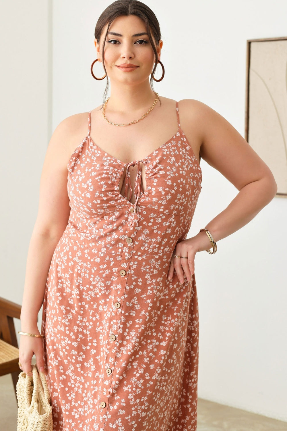 Zenobia Plus Size Cutout Floral Spaghetti Strap Dress   