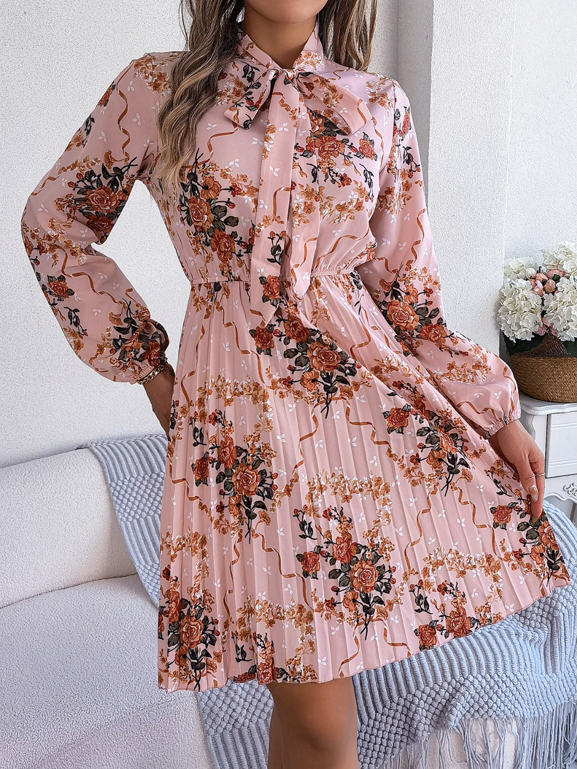 Pleated Printed Tie Neck Long Sleeve Dress   