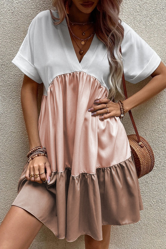 Color Block V-Neck Short Sleeve Mini Dress Pale Blush S 