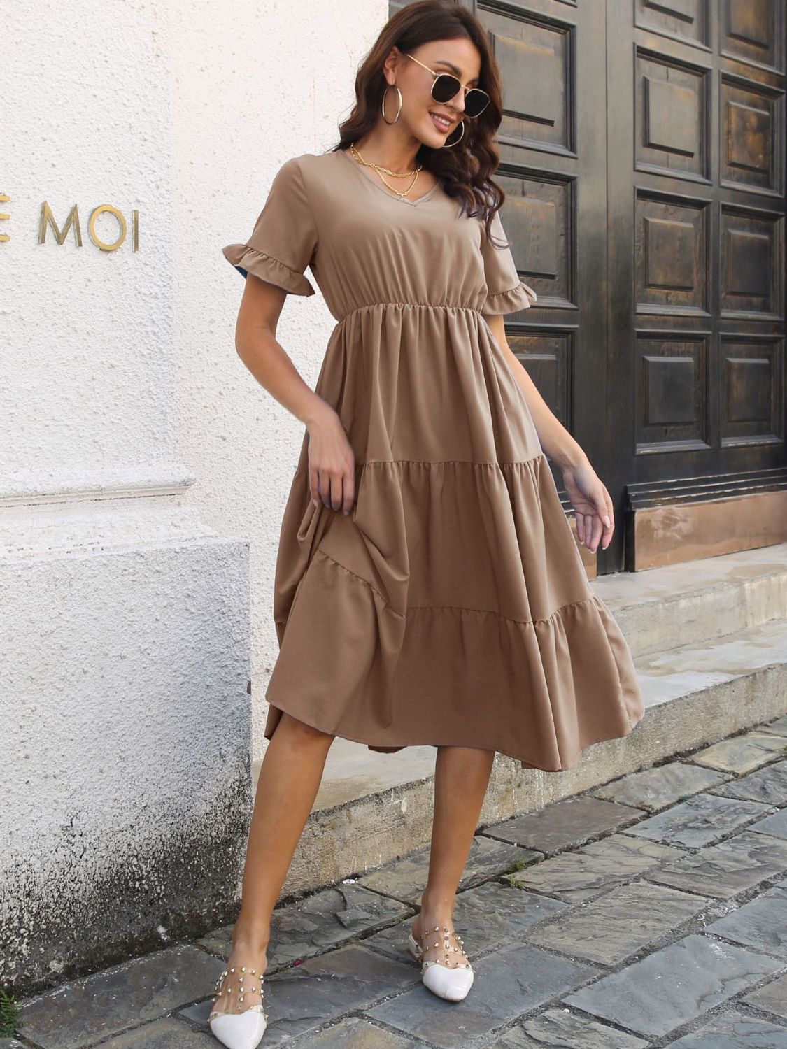 V-Neck Short Sleeve Midi Dress   